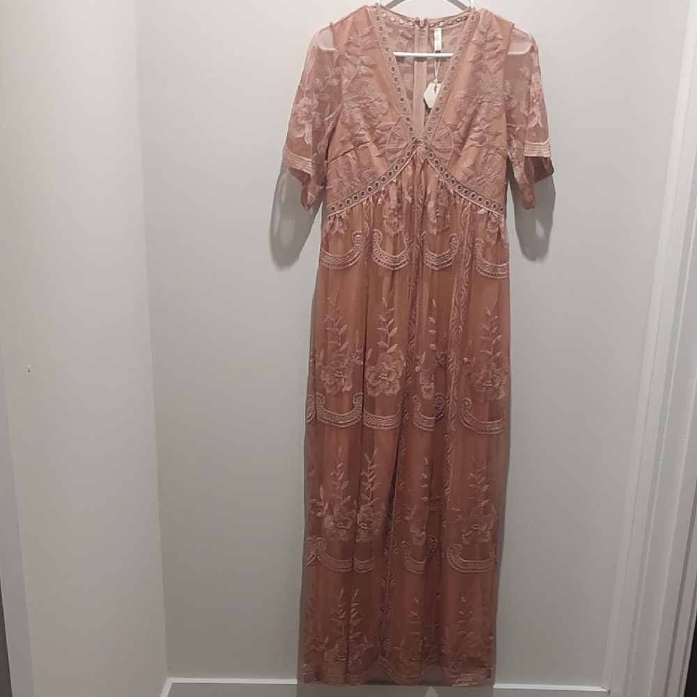 Women's Maternity Dusty Rose Color Sheer Floral Embroidered V-Neck Maxi Dress